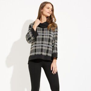 Joseph Ribkoff Black/Multi Plaid Sleeves Cowl Neck Sweater Top Size 6